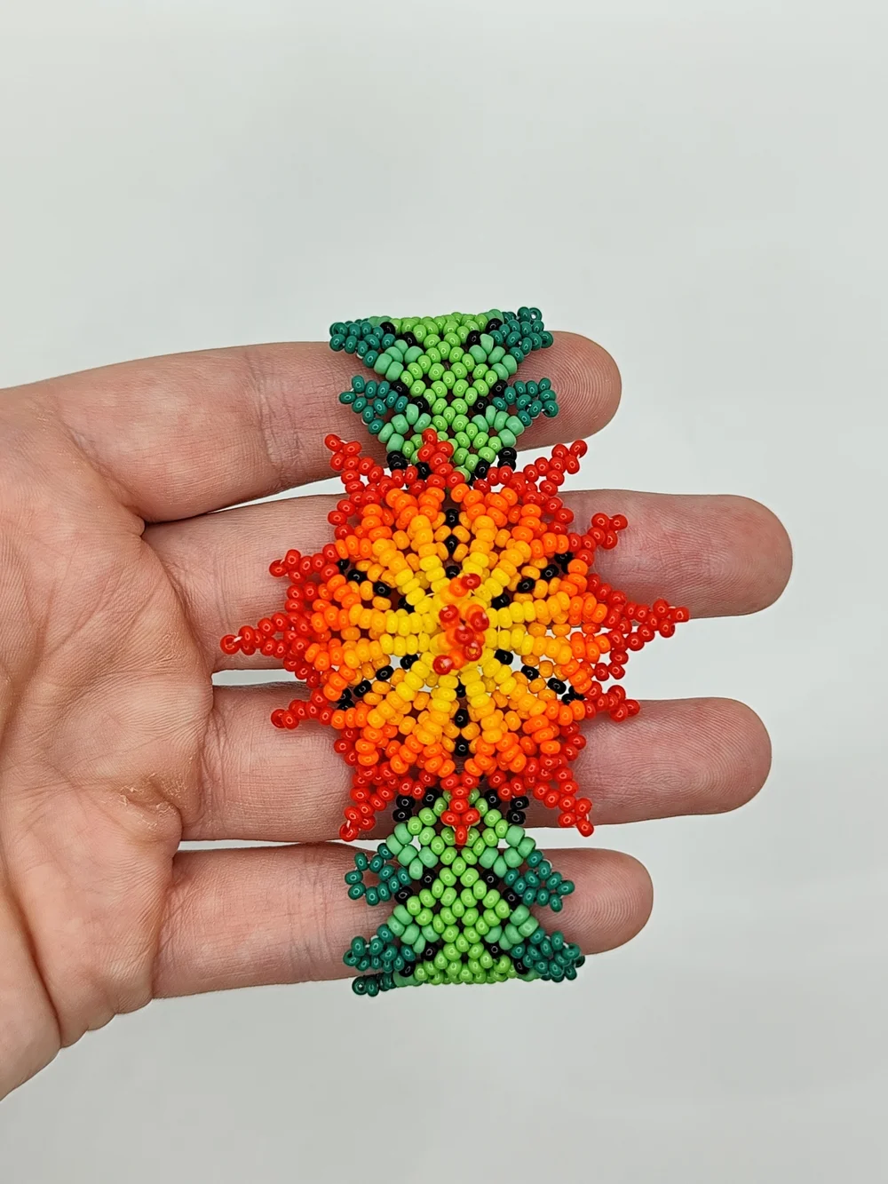 Vibrant Floral Seed Bead Bracelet in Red, Orange & Green